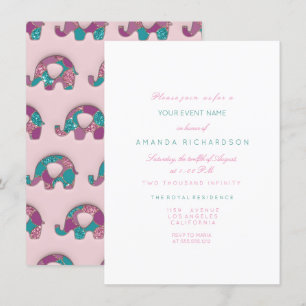 Invitation Elephants Pink Pastel Baby shower Turquoise Violet