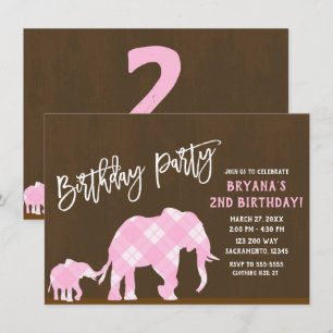 Invitation Eléphants roses Brown Fête d'anniversaire moderne
