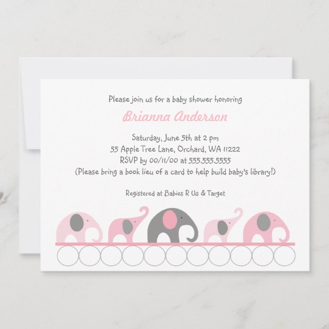 Invitation Éléphants roses et gris sur l'invitation de baby (Devant)