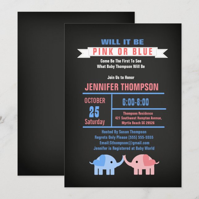 Invitation Eléphants Sexe Révéler Chalkboard Baby shower (Devant / Derrière)