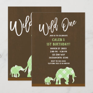 Invitation Eléphants verts Brown Moderne SAUVAGE UN 1ER anniv