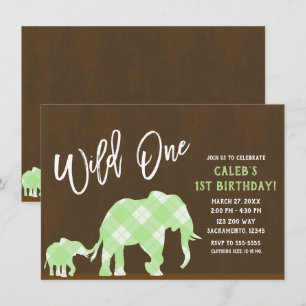 Invitation Éléphants verts marrons modernes WILD ONE 1er anni