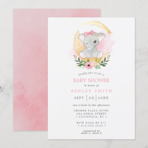 Invitation Élévation de bébé fille à l'éléphant et à la lune