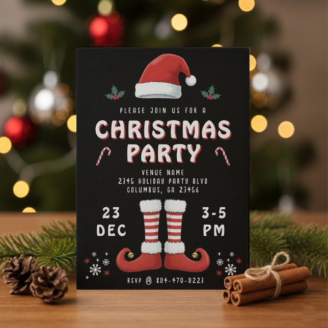 Invitation Elf Boots Santa Claus Casquette Black Christmas Pa (Elf Boots Santa Claus Hat Black Christmas Party Invitation
)