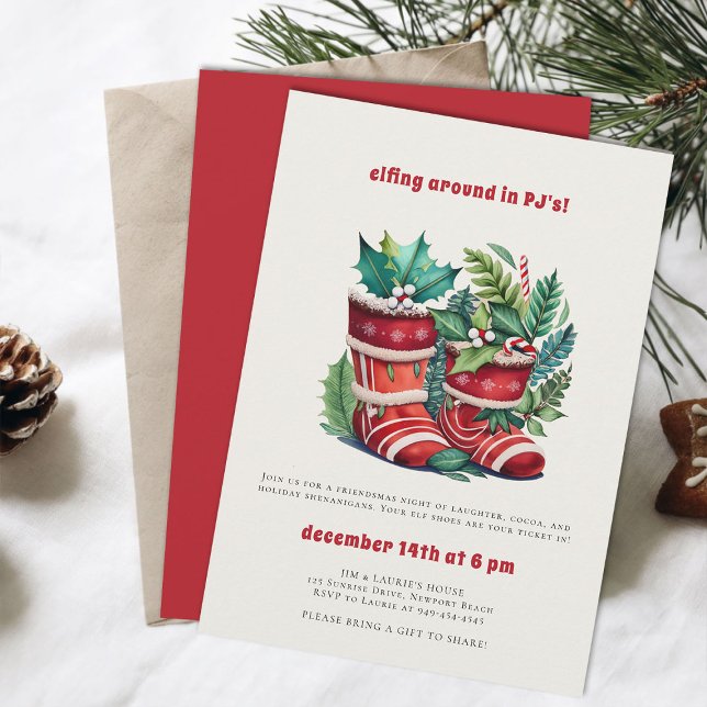 Invitation Elfing PJ's Friendsmas Funny Christmas Party (friendsmas christmas party invitation funny elfing around in pj elf slippers watercolor)