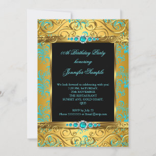 Invitation Élite Bleu sarcelle Or Damassé Perle Fête d'annive