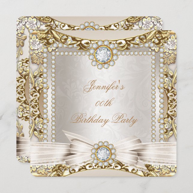 Invitation Elite Cream Gold Diamond Bow Damask Anniversaire (Devant / Derrière)