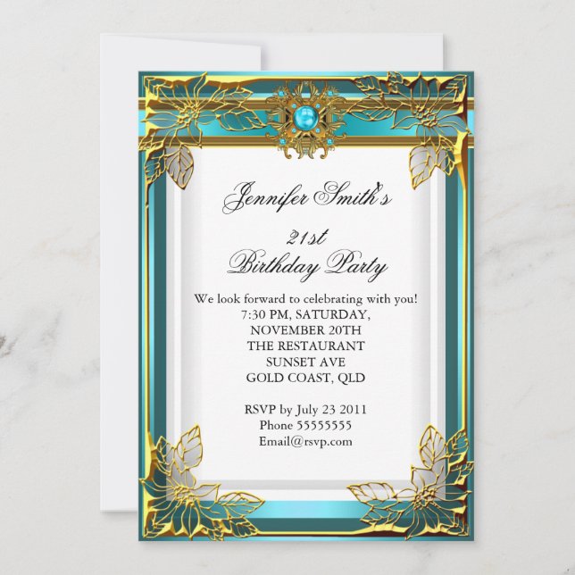 Invitation Elite Élégante fête d'anniversaire Turquoise Bleu  (Devant)