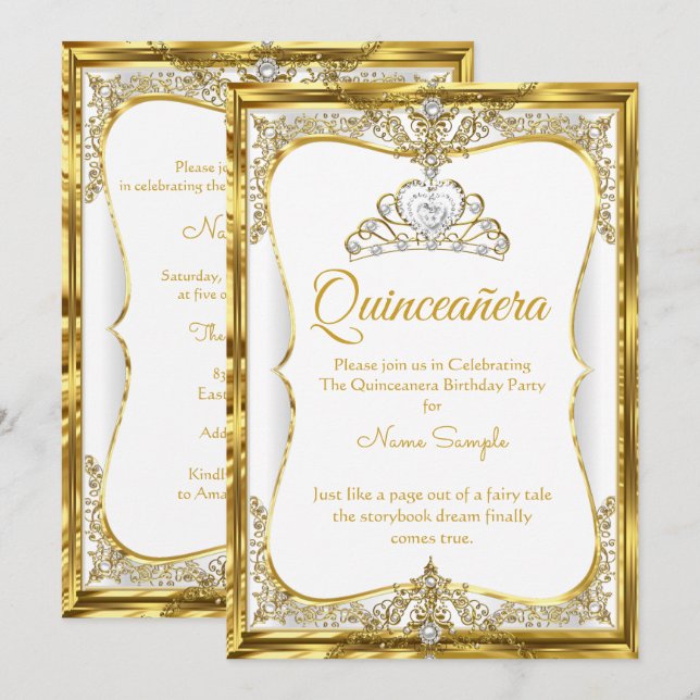Invitation Elite Gold White Pearl Princesse Quinceanera (Devant / Derrière)