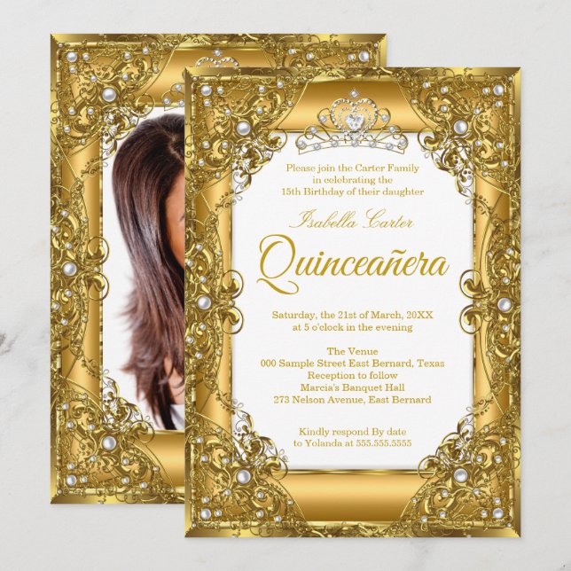 Invitation Elite Quinceanera 15ème Gold Pearl Tiara Photo (Devant / Derrière)