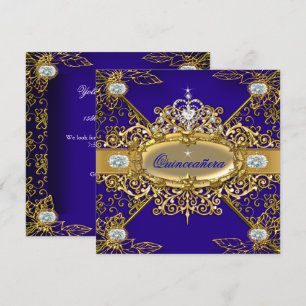 Invitation Élite Quinceañera Bleu Royale Or Damassé 15ème