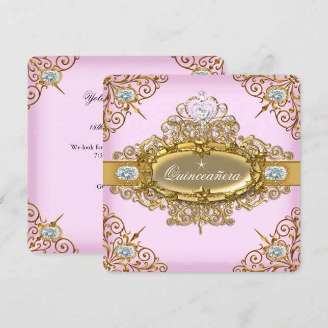 Invitation Elite Quinceanera Rose Gold Damask 15ème Parti (Devant / Derrière)
