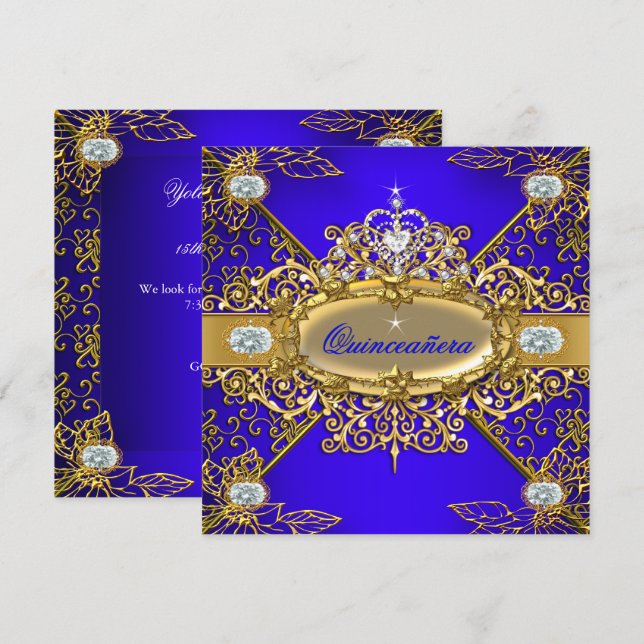 Invitation Elite Quinceanera Royal Blue Gold Damask 15e 2 (Devant / Derrière)