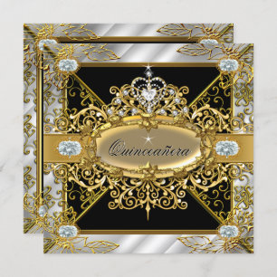 Invitation Elite Quinceanera Silver Gold Black Damask 15e