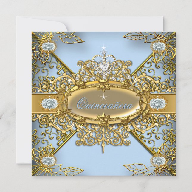 Invitation Elite Quinceanera Soft Blue Gold Damask 15e (Devant)