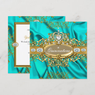 Invitation Élite Quinceañera Soie Sarcelle Argent Or Fête