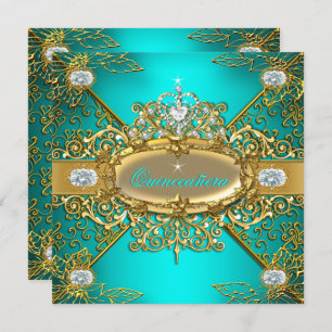 Invitation Elite Quinceanera Turquoise Blue Gold Damask 15e P