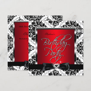 Invitation Élite Rouge Damassé Argent Noir Blanc Fête d'anniv