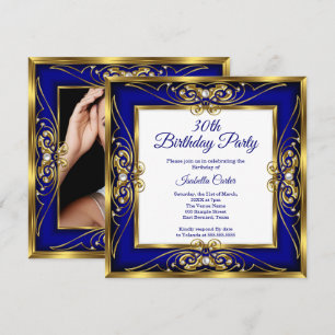 Invitation Elite Royal Bleu Or Perle Photo 30ème anniversaire