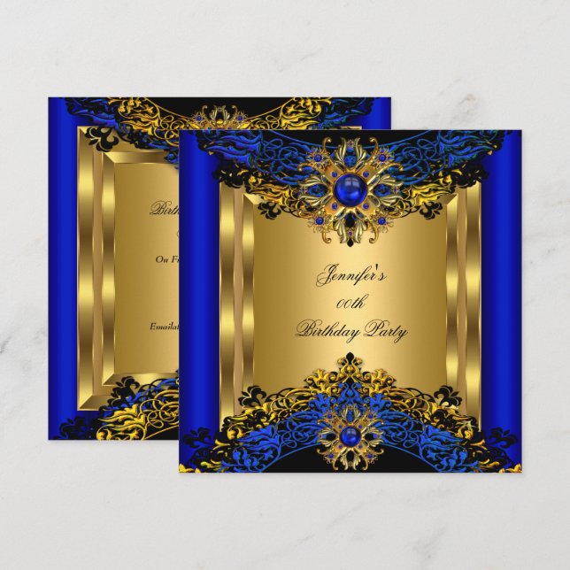 Invitation Elite Royal Blue Gem Gold Black Anniversaire Party (Devant / Derrière)
