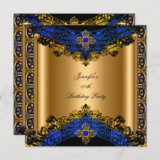 Invitation Elite Royal Blue Gold Black fête d'anniversaire (Devant / Derrière)