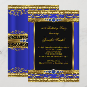 Invitation Elite Royal Blue Gold Damask Pearl fête d'annivers