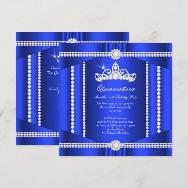 Invitation Elite Royal Blue Princesse Quinceanera Diamond (Devant / Derrière)
