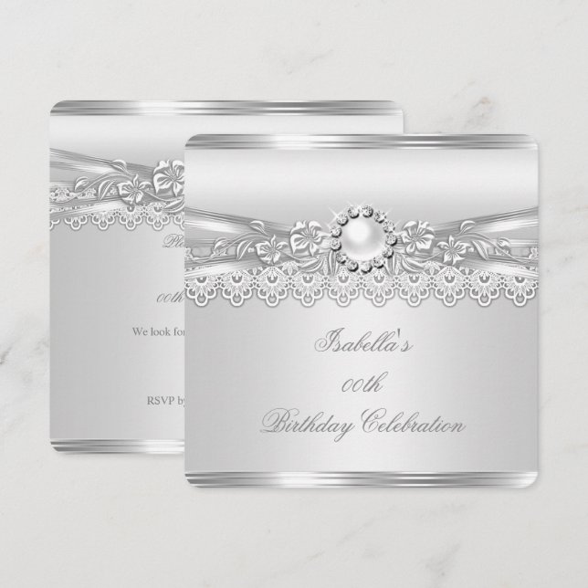 Invitation Elite Silver White Pearl dentelle florale Annivers (Devant / Derrière)