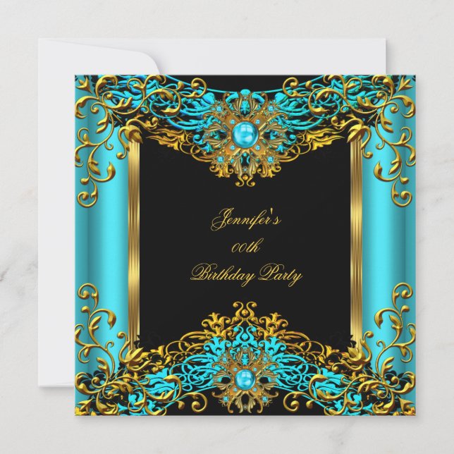 Invitation Elite Turquoise Bleu Gem Or Noir Anniversaire Part (Devant)