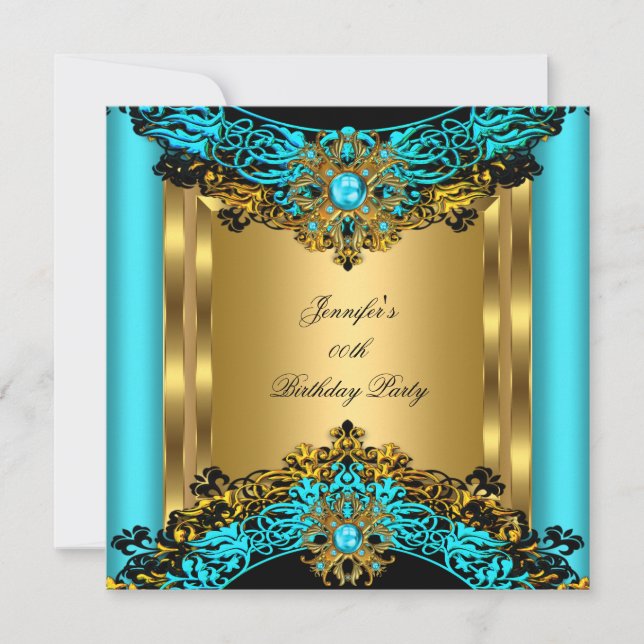 Invitation Elite Turquoise Bleu Gem Or Noir fête d'anniversai (Devant)