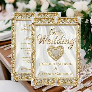 Invitation Elite Wedding Gold White Silk Diamond Frame Heart