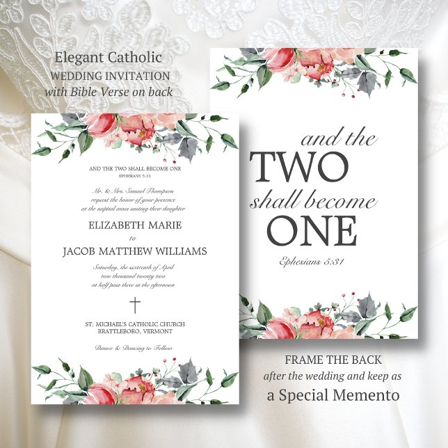 Invitation Elizabeth Elegant Fleurs Roses Mariage catholique (Elegant, pink, floral Catholic wedding invitation with Bible verse on back)
