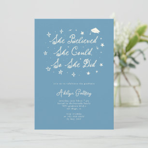 Invitation Elle a cru en la typographie Denim Blue Grad Party