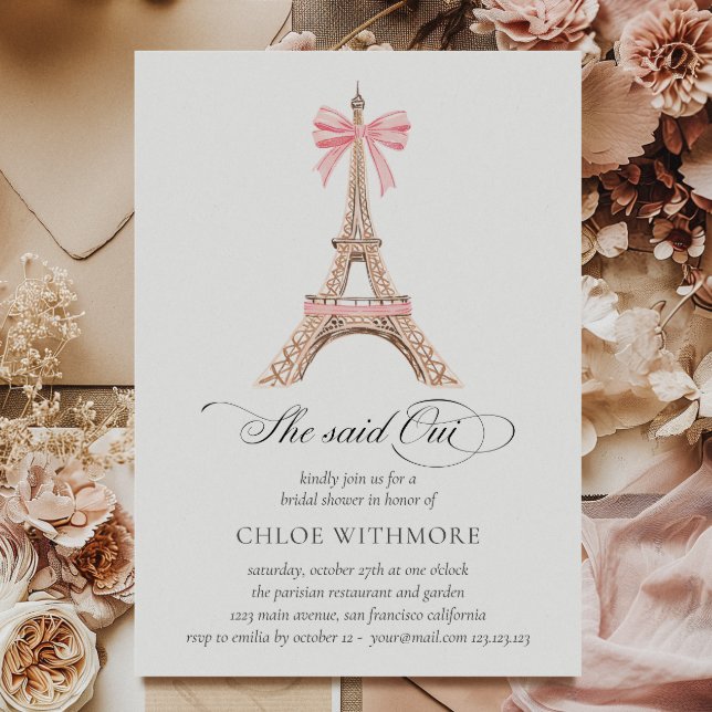 Invitation 'Elle a dit Oui' Paris Bow Tour Eiffel Whimsical (Créateur téléchargé)