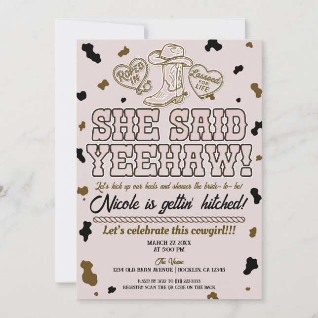 Invitation Elle A Dit Yeehaw Pink Country Cow Fête des mariée (Devant)