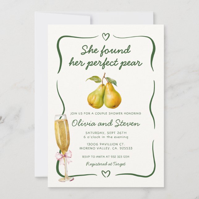 Invitation Elle A Trouvé Sa Fête des mariées Parfaite De Poir (Devant)