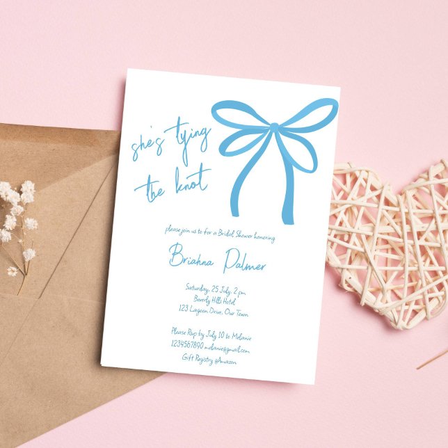 Invitation Elle attache le noeud bleu ruban arc (She's tying the knot blue ribbon bow simple bridal shower invitation template digital download)