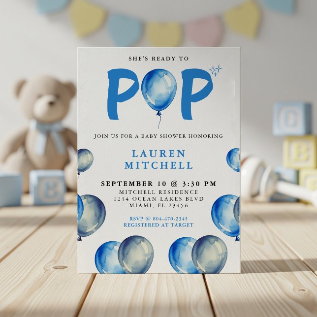 Invitation Elle est prête à faire des ballons Baby shower de  (She's Ready To Pop Balloons Blue Boy Baby Shower Invitation
)