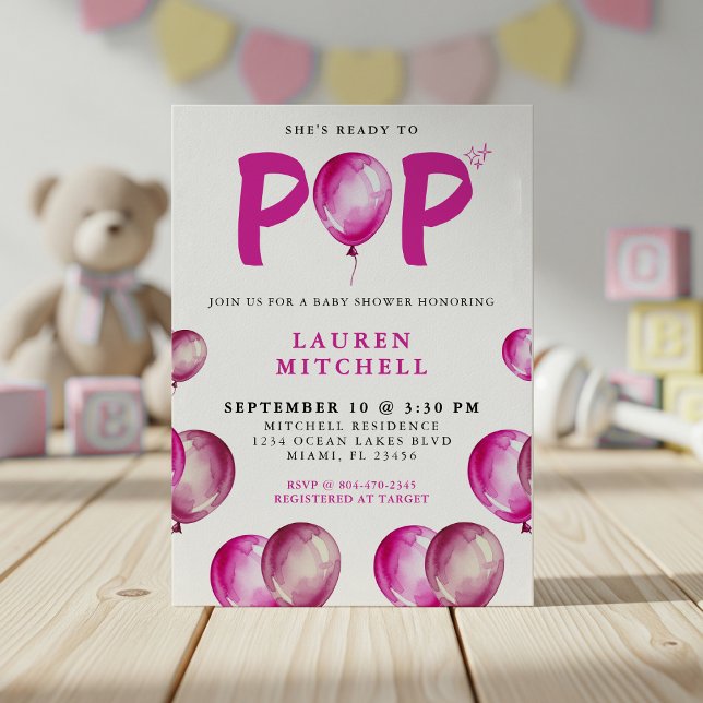 Invitation Elle est prête à faire des ballons Baby shower de  (She's Ready To Pop Balloons Pink Girl Baby Shower Invitation
)