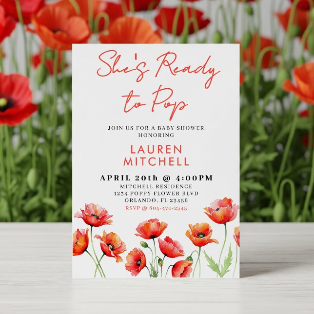 Invitation Elle est prête à pop Baby shower de printemps à fl (She's Ready to Pop Poppy Flower Floral Spring Baby Shower Invitation)
