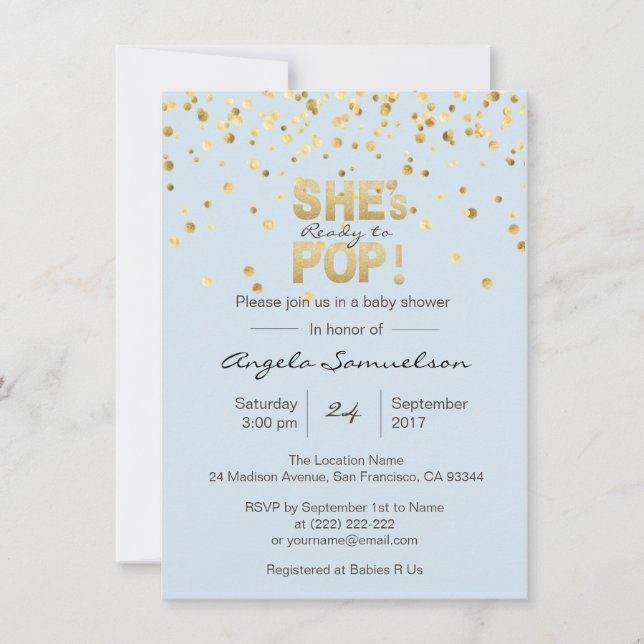 Invitation Elle est prête à POP Blue Gold Baby shower garçon (Devant)