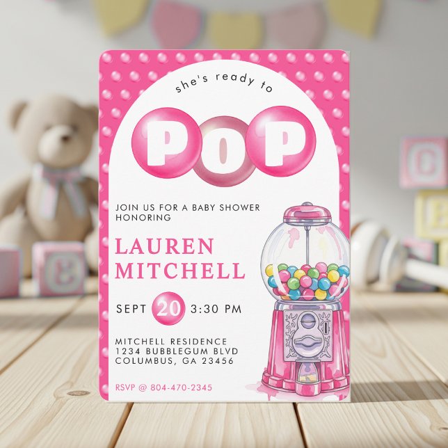 Invitation Elle est prête à taper Bubblegum Baby shower fille (She's Ready To Pop Bubblegum Pink Girl Baby Shower Invitation
)