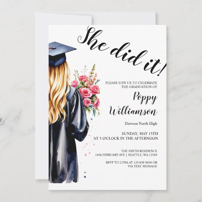 Invitation Elle L'A Fait Aquarelle Graduation (Devant)