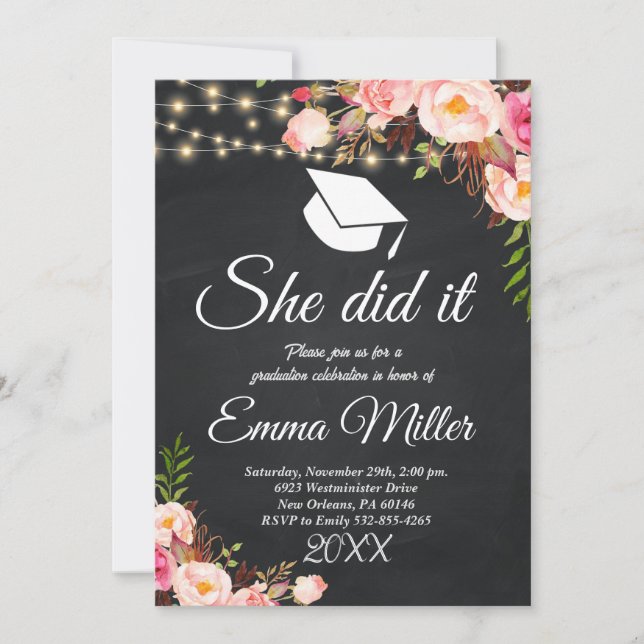 Invitation Elle L'A Fait - Chalkboard Graduation (Devant)