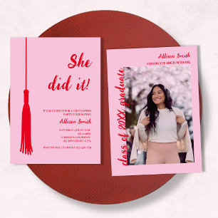 Invitation Elle l'a fait Chic Tassel Rouge & Rose Photo Remis