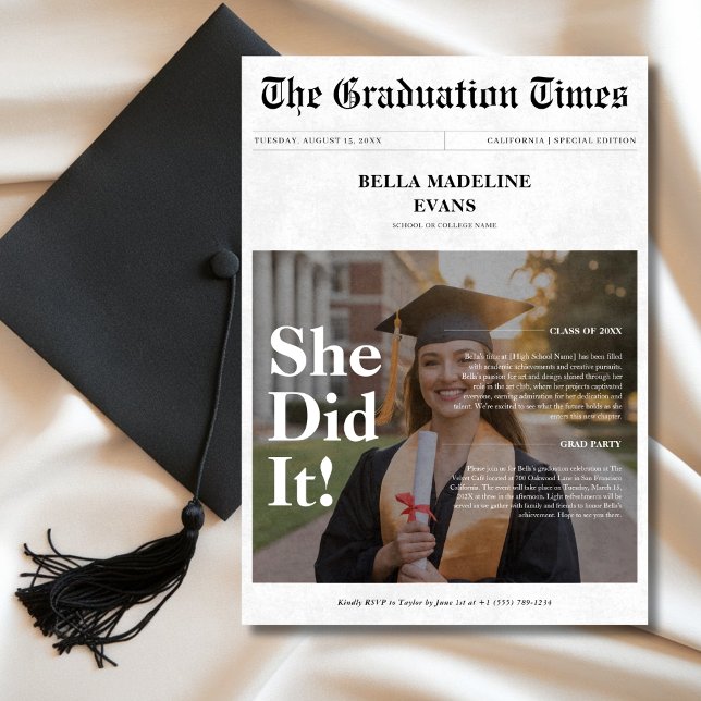 Invitation Elle L'A Fait Graduation 2025 Newspaper Overlay Ph (Créateur téléchargé)