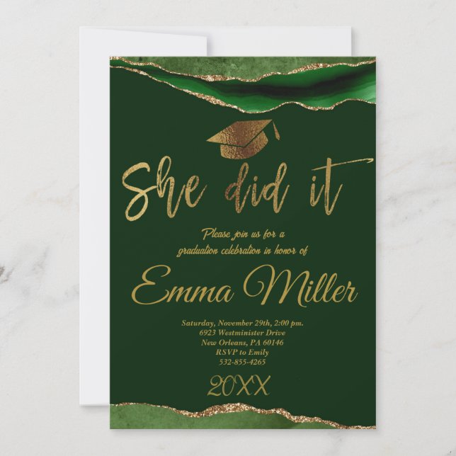 Invitation Elle L'A Fait - Green And Gold Graduation Party (Devant)