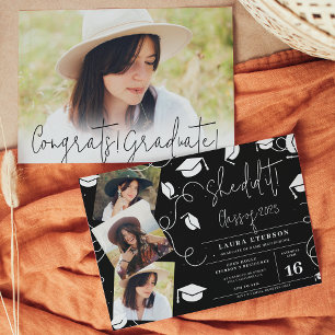 Invitation Elle l'a fait Modern white sur noir photo graduati
