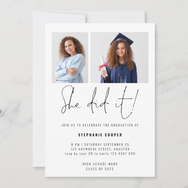 Invitation Elle L'A Fait Script 2 Photo 2024 Graduation Party (Devant)