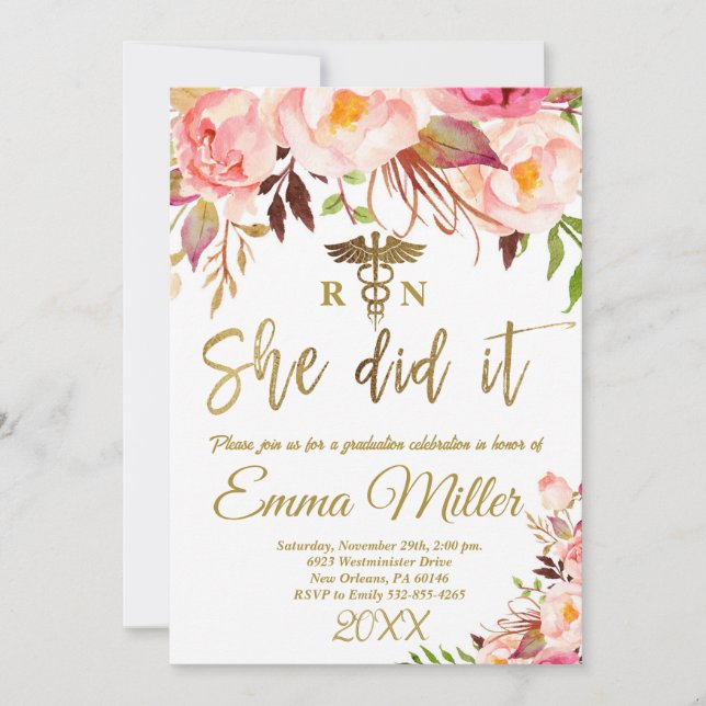 Invitation Elle L'A Fait - Soins infirmiers School Gold Gradu (Devant)